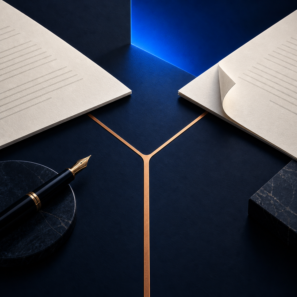 Contract documents and a copper decision path converging toward a field of blue light